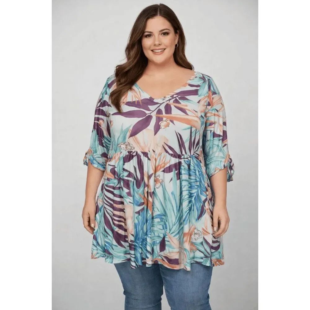 Women's V-neck Short Sleeve Blue Floral Top 2XL